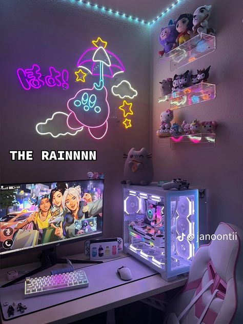 Streamer Office, Sanrio Gaming Setup, Valorant Aesthetic, Aesthetic Pc Setup, Sanrio Desktop, Aesthetic Setup, Gaming Aesthetic, Game Setup, Room Girl