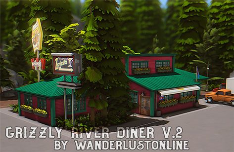 Grizzly River Diner 🐻🏞️ - Restaurant | WanderlustOnline on Patreon Dine Out Sims 4 Cc, Sims 4 Diner Cc, Ts4 Restaurant, Sims 4 Diner, Sims 4 Restaurant Cc, Minecraft Hus, Sims4 Accessories, Goblin Hoard, Ts4 Builds