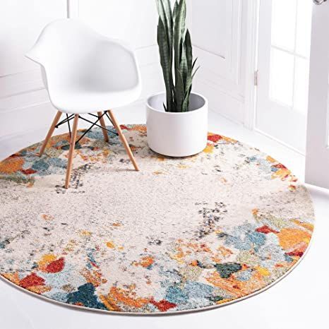 Unique Loom Chromatic Collection Modern Colorful Floral & Vibrant Abstract Area Rug for Any Home Décor, Round 8' 0 x 8' 0, Multi/Beige Coral Rug, Abstract Area Rug, Round Carpet, Square Rug, Unique Loom, Round Rug, Modern Traditional, Unique Spaces, Beige Area Rugs