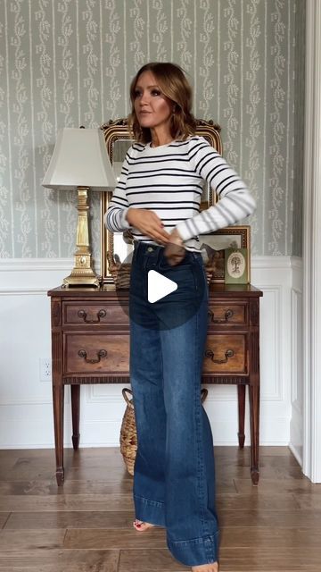 Laura Godfrey on Instagram: "FLASH SALE!🥳 my favorite wide leg denim trousers are on sale today for $75! Reg $158! I’ve never seen them priced this low 👀 they run true to size. I’m wearing the 27 reg and I am 5 7 for reference! This cutie long sleeve striped top with gold buttons is also on sale! Comment SHOP and I’ll dm you links to shop plus sizing info!! Thanks for being here! Happy shopping! 
.
.
.
https://liketk.it/4P1c7 #momstyle #jcrew #style #over30style #fashion #over40style #outfitinspiration #affordablefashion #outfitinspo #fall #fallfashion #fallstyle #denim #salefinds" What To Wear To Ruth Chris Steakhouse, Ruth Chris Steakhouse, Laura Godfrey, Jcrew Style, Ruths Chris Steakhouse, Ruth Chris, Long Sleeve Striped Top, Style Mistakes, Denim Trousers