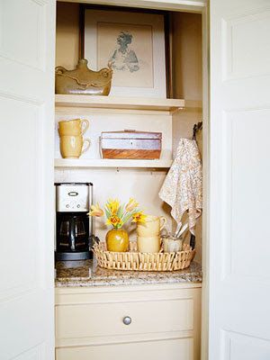 tuesday tip: think outside the closet Bar Closet, Guest Closet, Functional Pantry, Loft Cottage, Mini Bar At Home, Bedroom Organisation, Organising Ideas, Coffee/wine Bar, Beverage Station