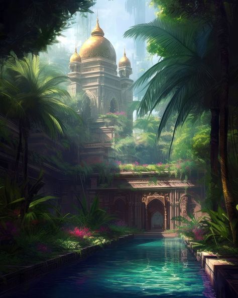 Jungle Palace, Arabic Aesthetic, Fantasy Country, Indian Forest, Beautiful Background, Beautiful Backgrounds, Fantasy World, Palace, Mood Board