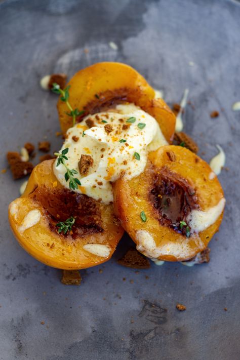 Spiced roasted peaches, ginger biscuit & orange mascarpone Peach Coulis, Roasted Peaches Dessert, Mediterranean Dessert Recipes, Fruity Dessert, Fresh Fruit Desserts, Mascarpone Recipes, Ginger Biscuits, Peach Desserts, Sweet Peach