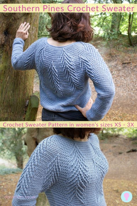 Southern Pines Crochet Sweater Pattern.  This top down crochet sweater works post stitch cables into a round yoke to create pine branches. This alpine inspired Icelandic/ Scandi style crochet sweater is perfect for winter walks or slow cosy evenings. The pattern is available in women’s sizes XS - 3X and uses double knit yarn.  #crochet #crochetsweater #crochetpattern #slowliving Crochet Sweater Pattern Women, Grace And Yarn, Crochet Sweater Design, Crochet Sweater Pattern, Crochet Sweater Pattern Free, Frock Patterns, Crochet Cardigans, Pine Branches, Garment Pattern