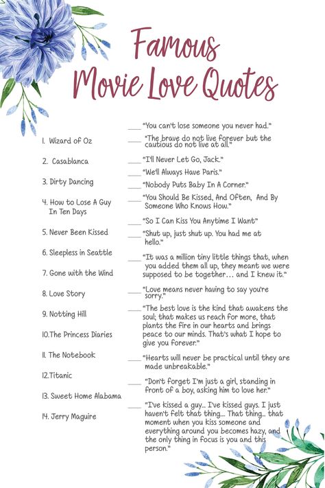 Movie Love Quote Games Check more at https://muktizero.com/movie-love-quote-games/ Famous Movie Love Quotes, Bridal Shower Quotes, Shower Quotes, Moh Duties, Wedding Trivia, Literary Love Quotes, Bridal Party Games, Our Love Quotes, Games Family