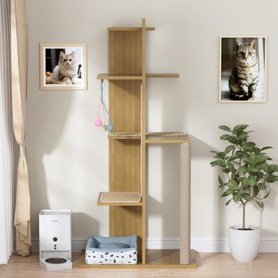 This 65.5-inch cat tree is ideal for multi-cat households, offering each feline their own space to play and relax. Transform your home into a feline paradise with our modern cat tree! Designed for endless entertainment and cozy naps, it features staggered climbing platforms, sisal scratching posts, three attachable pads, a soft bed, a top perch, and a playful hanging ball. The sleek, minimalist design blends seamlessly with any décor, while the smooth veneered surface and washable pads make clea Cat Corner Ideas Spaces, Cat Apartment Ideas, Corner Cat Tree, Apartment Cat Ideas, Cat Tree Ideas, Elevated Cat Bed, Cat Trees Homemade, Custom Cat Trees, Cat Apartment