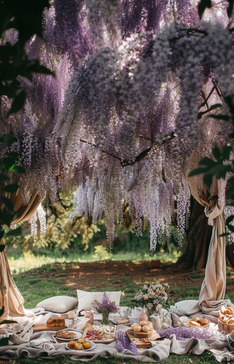 Enchanting Garden Picnic under Cascading Wisteria: Inspiration for Your Next Outdoor gathering! Wisteria Adalyn Grace, Ethereal Picnic, Garden Picnic Aesthetic, Wisteria Aesthetic, Waterfall Picnic, Fairytale Picnic, Flower Picnic, Adalyn Grace, Picnic Business