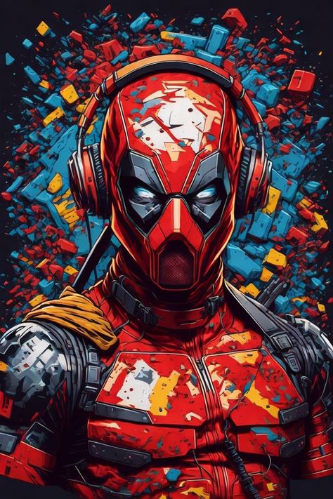 centered, isometric, vector t-shirt art ready to print highly detailed colourful graffiti illustration of deadpool, wearing headphones, face is covered by highly detailed damaged deadpool mask, vibrant color, high detail Deadpool Illustration, Deadpool Face, Colourful Graffiti, Deadpool Unicorn, Deadpool Drawing, Deadpool Mask, Headphones Art, Mess Hall, Tshirt Artwork