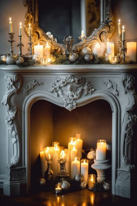 Fireplace Decorating With Candles Mantel Pillar Candles Pillar Candles Fireplace, Decorating With Candles, French Fireplace Mantel, Mantle Candles, Fireplace Styling, Fireplace Decorating, Fireplace Candle Holder, Chateaux Interiors, Fake Fireplace