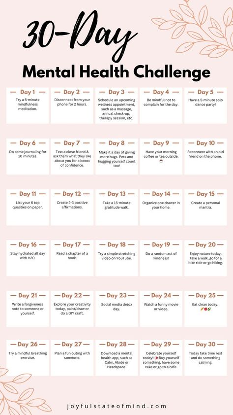 #glowuptips #beautyhacks #skincare #makeuptips #selfcare #glowingskin #beautytips #transformation #selflove #confidenceboost #glowupjourney 30 Days Mental Health Challenge, Monthly Challenge Ideas 30 Day, 30 Day Mental Health Challenge, Mental Health Challenge, Mental Health Plan, Health Worksheets, Types Of Mental Health, Positivity Challenge, Minimalism Challenge