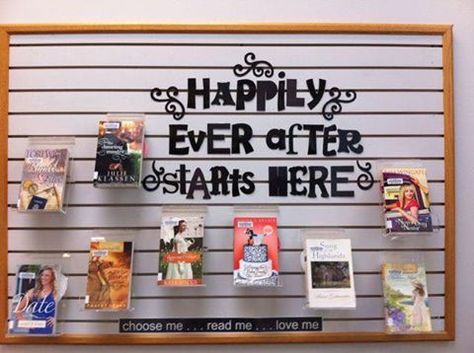 Romance Book Display Library, Romance Library Book Displays, Fairy Tale Library Display, Valentines Library, Bookstore Window, Teen Library Displays, Valentine Display, School Library Book Displays, Happily Ever After Starts Here