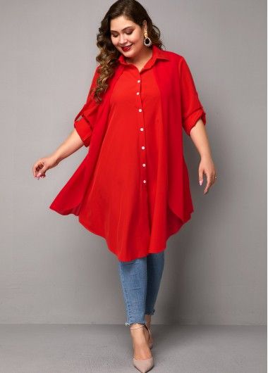 Blouse Necklines, Sweet Dresses, Half Sleeve Shirts, Hem Blouse, Swimsuit Dress, Button Up Blouse, Red Outfit, Solid Clothes, Plus Size Blouses