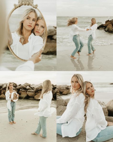 Photography Sisters, Older Sister Photoshoot, Sisters Poses, Twin Photoshoot Ideas Sisters, Twins Senior Pictures, Twin Photoshoot Sisters, Senior Pictures For Twins, Beach Photoshoot Poses, Beach Poses Sisters