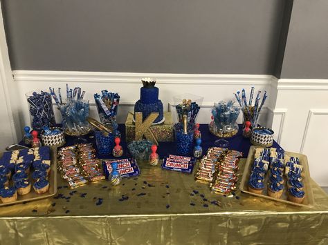 Royal blue candy table 👑 Royal Blue & Gold  Baby shower Royal Blue Candy Table, Royal Blue Dessert Table, Blue Candy Table, White Candy Table, 60th Birthday Ideas For Dad, Gold Dessert Table, Blue Party Decorations, Gold Quince, Gold Dessert