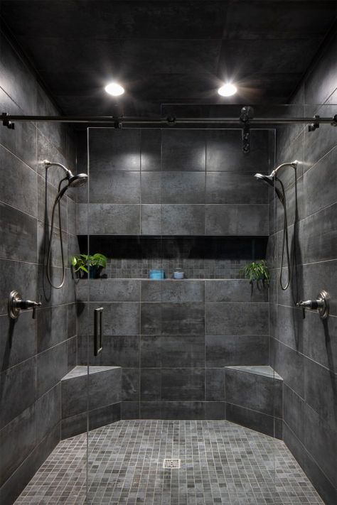 Why Black Shower Floor Tile Is the Hottest Trend in Bathroom Design? | Country Floors of America LLC. Black Stone Shower Wall, Hexagon Tile Shower Ideas, Dark Tile Walk In Shower, Black Bathroom Shower Ideas, Dark Tile Master Bath, Walk In Shower Floor Ideas, Black Tile Shower Wall, Black Bathroom Shower Tile, Dark Shower Floor Tile