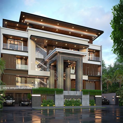 "1816th Design" . This house design is owned by our client in Jakarta. Appearing magnificent with a monumental building form is the attraction of this house. The sparkle of classy materials on the exterior also beautifies the facade. Unlike the glamorous exterior, the interior shows the comfort of a modern minimalist concept. . The 8th design of July, 190th design of year 2023, 1816th design overall Our Portfolio : Mr. RNR 1816 Modern House 4 Floors Design - Jakarta . Land Area : width 24 m ... Modern 3 Story House Exterior, Front Elevation Designs 4 Floors, 3 Storey House Design Modern Floor Plans, Modern House Facades 3 Storey, 4 Storey House Design, 4 Floor Building Elevation, 3 Storey House Design Modern, Classic Tropical House, 4 Story House