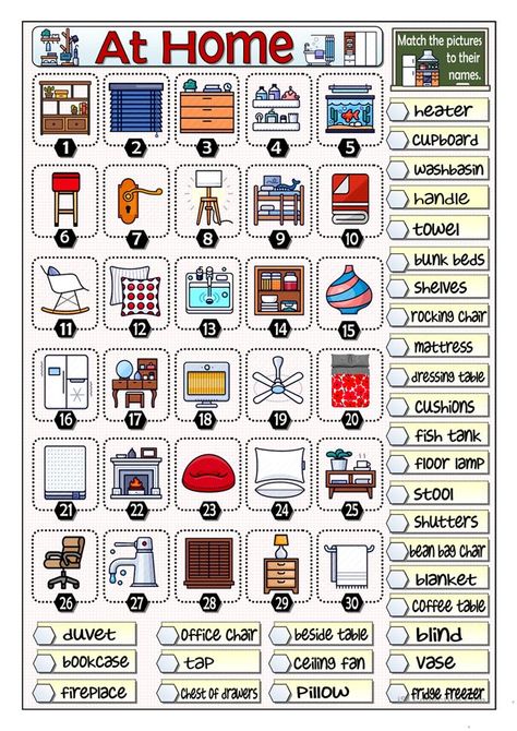 VOCABULARY - AT HOME - English ESL Worksheets for distance learning and physical classrooms Vocabulary Exercises, Kindergarten Learning Activities, Vocabulary Building, Kindergarten Learning, Vocabulary Worksheets, Grammar And Vocabulary, Esl Teaching, Speaking Skills, Teaching Jobs