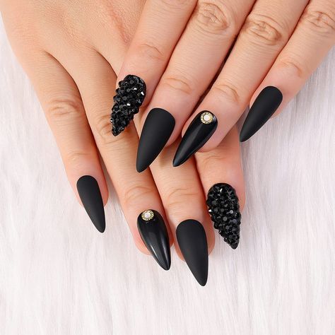 PRICES MAY VARY. Total 24pcs black medium long stiletto press on nails: 12pcs black matte style, 12pcs black glossy style (Including 2pcs with full 3D rhinstones, 2pcs with gold circle nail studs mixed opal rhinestones), Your can apply these false nails together or separately to have your own different press on nails. Each nails set in 12 different sizes, nails can be filed or clipped to any length or shape, making them fully customizable to suit you. Pre-designed full cover false nail easy to a Nails Black Medium, Matte Stiletto Nails, Almond Stiletto, Press On Nails Black, Black Almond Nails, Acrylic Nails Stiletto, Black Stiletto Nails, Pointy Nails, Black Acrylic Nails