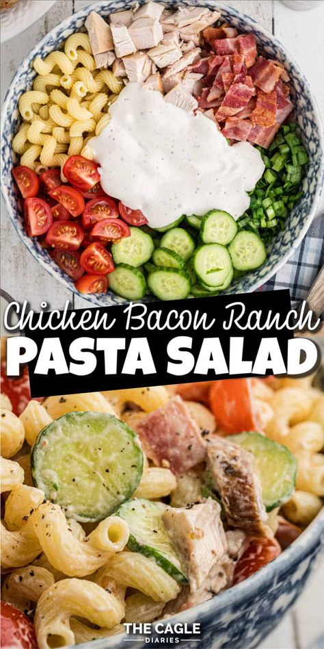 Learn how to whip up a tasty and easy chicken bacon ranch pasta salad in just a few simple steps. Perfect for a quick lunch or a potluck dish. Pasta salad recipes are the best. Protein Pasta Salad Recipes, Chicken Ranch Pasta Salad, Easy Chicken Bacon Ranch Pasta, Bbq Chicken Pasta Salad, Bacon Pasta Salad Recipes, Pasta Salad Chicken, Chicken Club Pasta Salad, Cold Chicken Pasta Salad, Chicken Bacon Ranch Pasta Salad