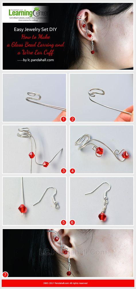 Only with a piece of jewelry wire, three pieces of glass beads, and several basic earring making supplies, you can quickly finish this stylish glass bead earring and wire cuff earring at home. Elf Earrings Diy, Diy Earrings Easy Wire Jewelry, Wire Elf Ears Diy Tutorials, Wire Ear Cuffs Diy, Easy Jewelry Making Ideas, Ear Cuff Diy, Cuffs Diy, Wire Ear Cuffs, Earring Making Supplies