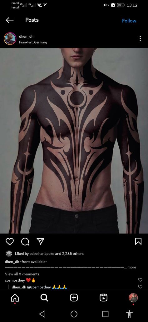 Full Body Pattern Tattoo, Symmetrical Torso Tattoo, Black Work Tattoo Men, Black Out Chest Tattoo, Body Suit Tattoo Men, Upper Body Tattoos Men, Geometric Chest Tattoo Men, Blackout Chest Tattoo, Black Geometric Tattoo