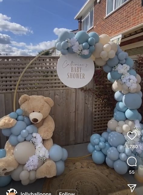 Teddy Bear Balloon Arch, Blue Bear Baby Shower Theme Boy, Bear Balloons Decor, Teddy Bear Balloon Decorations, Teddy Bear Hot Air Balloon Theme, Blue Teddy Bear Baby Shower Theme, Boy Baby Shower Ideas Themes Teddy Bears, Bear Balloon Arch, Teddy Bear Baby Shower Decor