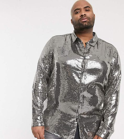 Men Plus Size Outfits, Metallic Shirt, Shirt Styling, Silver Shirt, Styling For Men, Sequin Shirt, Men Plus Size, Eras Tour, Plus Size Outfits