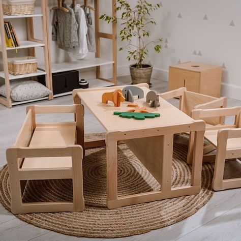 Preschool Setup, Montessori Table And Chair, Montessori Table, Multifunctional Desk, Kids Clothing Rack, Kids Desks, Montessori Furniture, Functional Desk, Small Bench