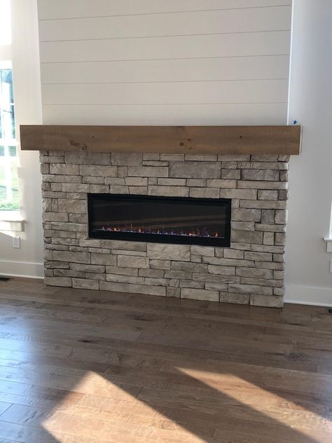 Fireplace With Rock And Shiplap, Shiplap Accent Wall Fireplace, Electric Fireplace Ideas With Stone, Stacked Stone And Shiplap Fireplace, Rock And Shiplap Fireplace, Half Stone Half Shiplap Fireplace, Stone Shiplap Fireplace, Tv Fireplace Mantle, Stone And Shiplap Fireplace With Tv