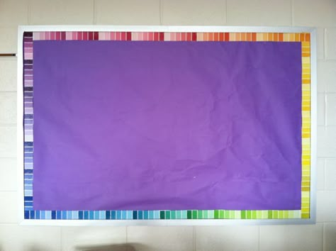 DIY bulletin board border using paint samples.  When you take it down you can use the samples with the zillions of ideas on pinterest! Art Bulletin Boards, Diy Bulletin Board, Boards Ideas, Church Bulletin Boards, Library Bulletin Boards, Art Classroom Decor, Bulletin Board Borders, Display Boards, Cheap Art