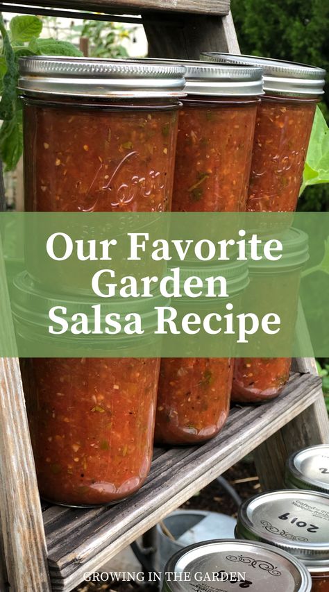 An abundance of tomatoes, peppers, garlic, and onions from the garden means it’s time to make our favorite garden salsa recipe. Garden Tomato Salsa Recipe, Salsa Peppers Recipes, Tomatoes Peppers And Onions, Canning Peppers And Onions, What To Do With An Abundance Of Tomatoes, Garden Pepper Recipes, Best Canned Salsa Recipe, Bell Pepper Salsa Recipe, Poblano Pepper Salsa