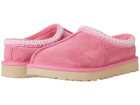 UGG Tasman - Women's Shoes : Pink Rose : The Tasman always fits tight at first especially if someone has a high instep or high volume foot. It does stretch out over time. If you are in between sizes, please size up or down based on the volume of your foot and height of your instep. Take the suede UGG Tasman slip-on from weekday lounging to a Saturday excursion! Features a Tasman trim and a raw seam down the center with an embossed UGG logo at lateral side. Luxurious sheepskin lining for breathab Cute Shoes Uggs, Light Pink Tasman Uggs, Pink Ugg Tasman, Stuff To Get For Christmas, Pink Tasman Uggs, Luxury Items Women, Light Pink Uggs, Preppy Uggs, Cute Wishlist