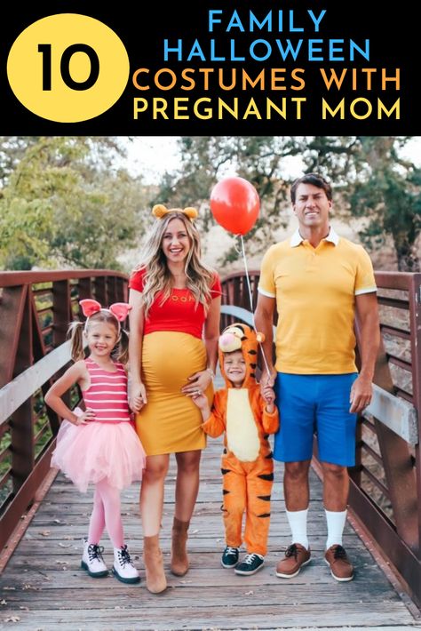 10 Fun and Creative Family Halloween Costumes with Pregnant Mom that Includes Toddlers, Kids, and Babies Family Halloween Costumes With Pregnant, Pregnant Halloween Costumes Family, Creative Family Halloween Costumes, Family Costumes For 3, Maternity Halloween, Family Themed Halloween Costumes, Winnie The Pooh Costume, Mom Halloween Costumes