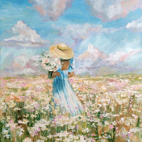 Impressionism Flower Painting, Field With Flowers Drawing, Fields Of Flowers Painting, Girl With Flowers Drawing, Field Of Flowers Drawing, Impressionism Art Landscape, Flower Field Drawing, Painting Field Of Flowers, Field Of Flowers Painting