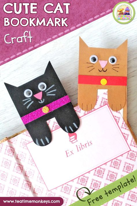 This super cute bookmark is the perfect craft for cat lovers! Click on the pin to see the tutorial and to download your free template! #cats #papercrafts Cat Book Marks Diy, Cat Paper Craft Template, Cat Projects For Kids, Easy Cat Craft, Cat Bookmarks Diy, Cat Bookmarks Printable, Cute Cat Crafts, Cat Papercraft, Robot Craft