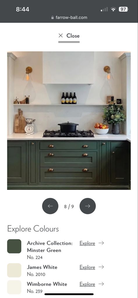 Minster Green Farrow And Ball, Green Farrow And Ball, 2025 Kitchen, Boulder House, Green Paint Colors, Farrow And Ball, Green Kitchen, Green Paint, Farrow Ball