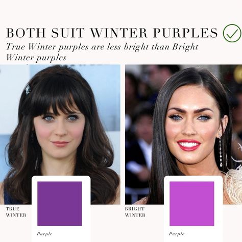 Colour analysis comparison, True Winter VS Bright Winter 🖤 . #coloranalysis #colouranalysis #coloranalyst #winterpalette #zooeydeschanel #meganfox Cool Winter Vs Bright Winter, True Winter Vs Bright Winter, Bright Winter Color Palette Outfits, True Winter Outfits, Bright Winter Color Palette, True Winter Palette, Bright Winter Outfits, True Winter Color Palette, Cool Winter Color Palette