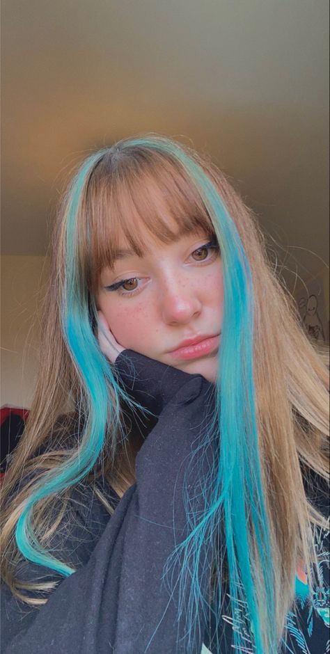 dyed hair ideas blue streak e girl Dyed Hair Ideas, Blue Hair Streaks, Organic Hair Salon, Pink Hair Streaks, E Girl Hair, Wild Hair Color, Fall Blonde Hair, 3c Hair, Light Blue Hair