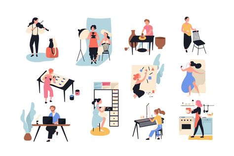 Creative people, hobby set , #spon, #photography#playing#violin#hobbies #AD Vector Illustration People, Pottery Workshop, Artist Portfolio, People Illustration, Canva Design, Creative Hobbies, Creative People, Male And Female, Cartoon Style