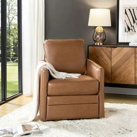 Steelside™ Alfonso Faux Leather Swivel Accent Chair with Removable Cushion & Reviews | Wayfair Brown Leather Chairs, Comfortable Accent Chairs, Leather Recliner Chair, Leather Accent Chair, Swivel Barrel Chair, Swivel Accent Chair, Leather Recliner, Swivel Armchair, Accent Chairs For Living Room