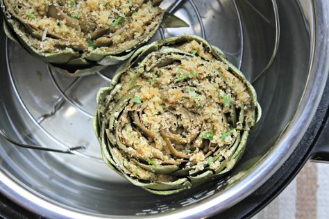 Stuffed Artichokes in the Instant Pot - Foody Schmoody Blog | Foody Schmoody Blog Instapot Artichokes, Stuffed Artichoke Recipes, Steam Artichoke, Stuffed Artichokes, Stuffing Ingredients, Artichoke Recipes, Comfort Dishes, Insta Pot, Instapot Recipes