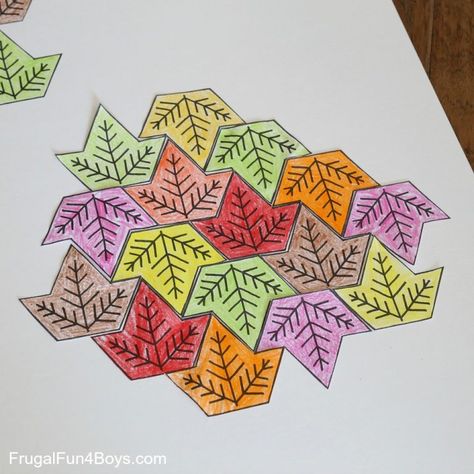 Leaf Tessellation Collaborative STEM Art Project – Frugal Fun For Boys and Girls Leaf Tessellation, Tessellation Drawing, Escher Tessellations, Tessellation Art, Stem Art, Escher Art, Tessellation Patterns, 2nd Grade Art, Shape Templates