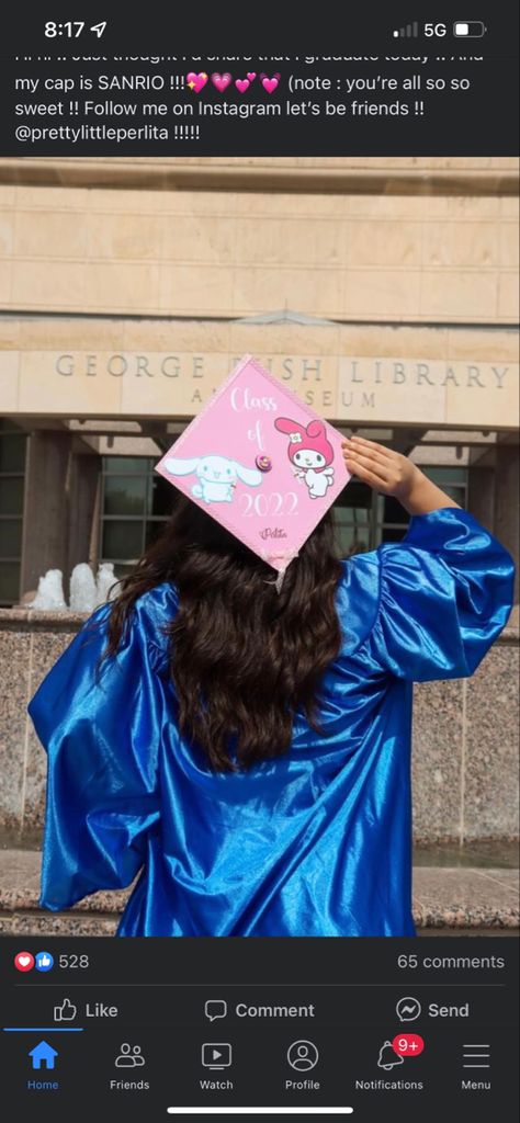 Graduation Cap Designs Sanrio, My Melody Graduation Cap, Graduation Cap Designs Hello Kitty, Sanrio Graduation Cap, Hello Kitty Graduation Cap, Cap Aesthetic, College Grad Cap Ideas, Graduation Cap Decoration Diy, Grad Cap Designs