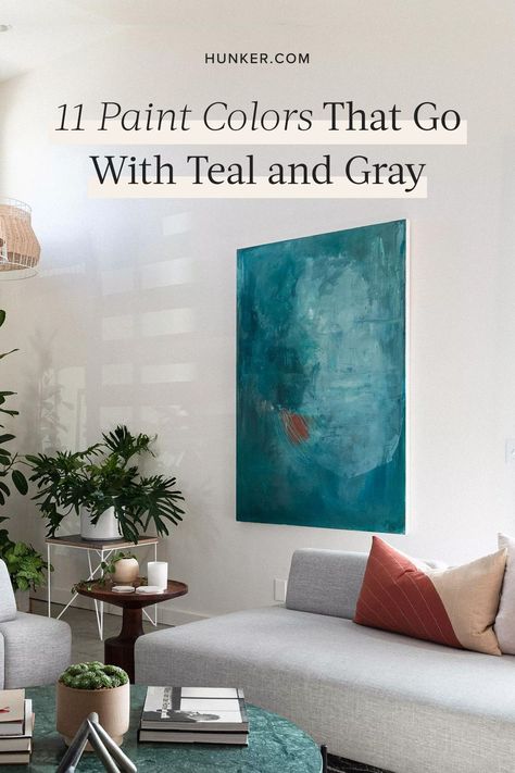 Whether you want to add just a bit of contrast or use all three hues for equal impact, check out these 11 ideas for colors that go with teal and gray. #hunkerhome #tealandgrey #homedecorcolors #tealhomedecorideas #tealhomedecor Teal Cream And Grey Living Room, Teal Grey Living Room, Moody Lounge, Teal Painted Walls, Teal Kitchen Walls, Teal Wall Colors, Teal And Gray Bedroom, Grey Paint Living Room, Colours That Go With Grey