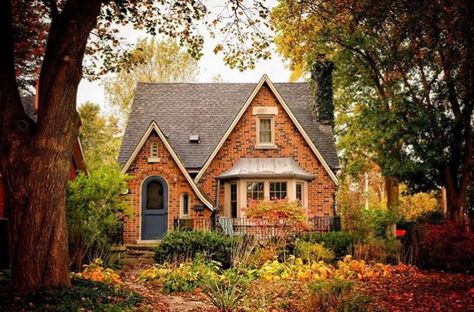 Cute little brick cottage in the woods! Brick House Cottage Core, Cottagecore House 2 Story, Cottage In The Woods Exterior, Tiny Brick Cottage, Modern Cottagecore House Exterior, Cottage Brick Homes, Brick House In The Woods, Brick Cottage Interior, Brick Cottage House Plans