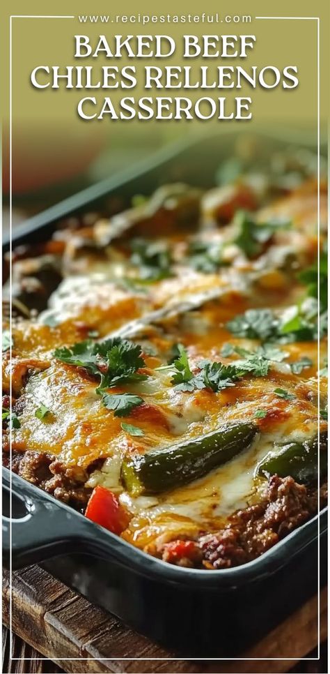 This hearty Baked Beef Chiles Rellenos Casserole combines the smoky flavor of roasted poblano peppers with seasoned ground beef, diced tomatoes, and a generous amount of melted cheese. It’s an easy, comforting dish that brings the flavors of a traditional chile relleno into a casserole form. Perfect for weeknight dinners, family gatherings, or meal prep! Baked Beef Chiles Rellenos Casserole, Baked Beef Chili Relleno Casserole, Chili Relleno Casserole With Ground Beef, Chiles Rellenos Casserole, Ground Beef Diced Tomatoes, Easy Chile Relleno Recipe, Chile Relleno Casserole Recipe, Easy Chile, Dinners Family