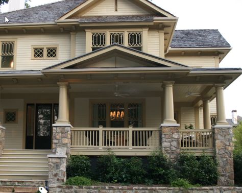 Take a look at the photo here. The porch railings die right into the stone-faced piers and are somehow fixed in place. How does one best do this detail? The piers have CMU cores and are faced with 4" stone. Do we do a steel embedment fixture when building the piers, or do we drill after and... Stone Wrapped Porch Columns, Craftsman Porch Railing, Craftsman Style Front Porch, Porch Railing Designs, Craftsman Porch, Victorian Porch, Victorian Exterior, Porch Columns, Craftsman Exterior