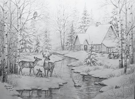 Snow Window Ideas, Winter Art For Kids, Nature Sketches Pencil, Sharing The Secret, Christmas Draw, Snow Window, Hayday Farm Design, Hard Drawings, Landscape Pencil Drawings