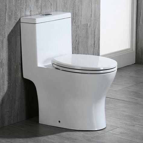 WoodBridge 1.28 GPF Round One-Piece Toilet (Seat Included) & Reviews | Wayfair Rustic Bathroom Shower, Compact Toilet, Bath Redo, Dual Flush Toilet, Compact Bathroom, Modern Toilet, Water Closet, Small Toilet, Toilet Design