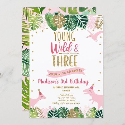 Three Rex Birthday Invitation, Three Rex Birthday, Three Birthday, Girl Dinosaur Party, Third Birthday Invitations, Dinosaurs Birthday, Girl Dinosaur Birthday, Tropical Invitations, Dinosaur Birthday Invitations